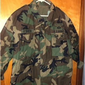 Army Military Fatigues with all patches shown size Long Reg. Jacket w/ Liner